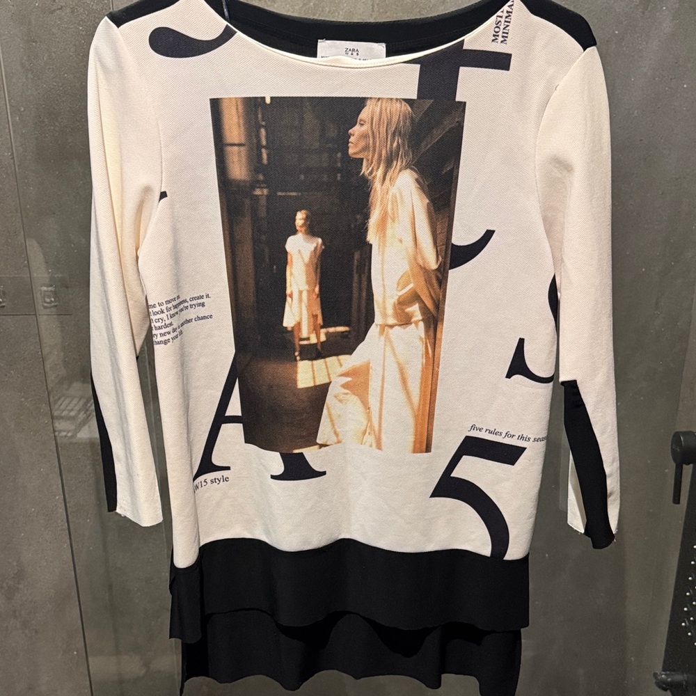 Zara Black and Cream Graphic Blouse